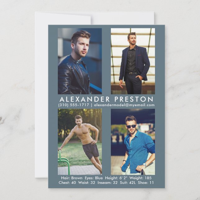 Model Actor 4 Photo Comp Card 5x7 Gray Blue (Front)
