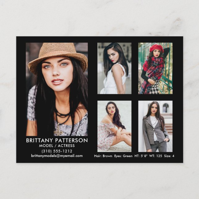 Model Actor 5 Photo Comp Card Black Postcard (Front)