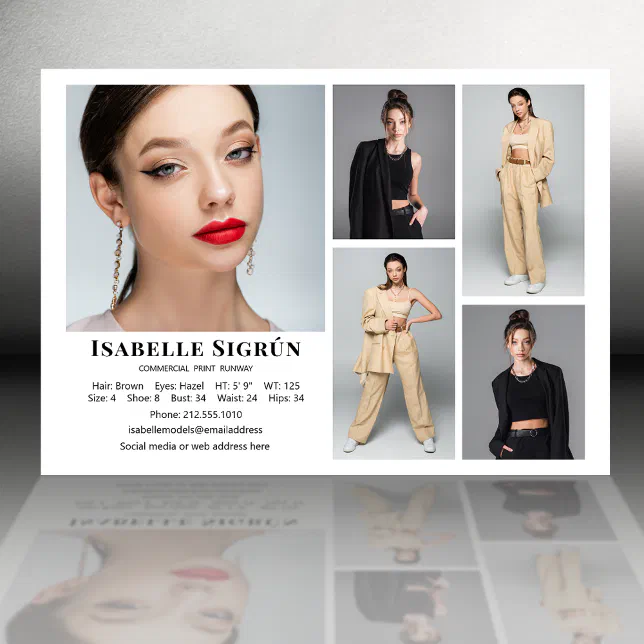 Model Actor 5 Photo Comp Card Template 5x7 White | Zazzle