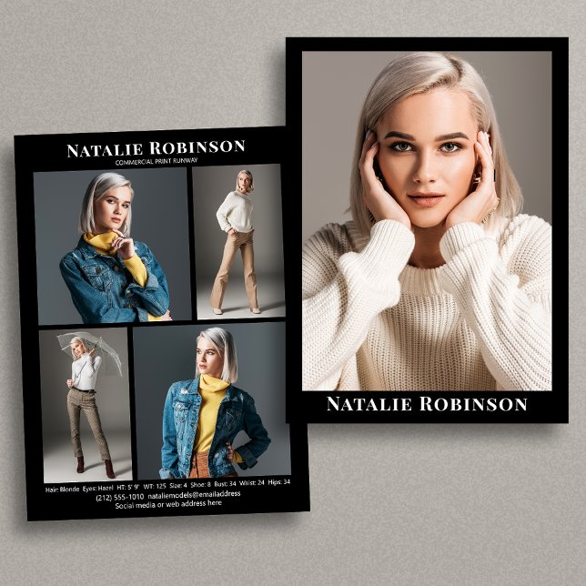 Model Actor 5 Photo Portfolio Comp Card Template (Available in high quality print or digital download for quick messaging, email or self printing.)