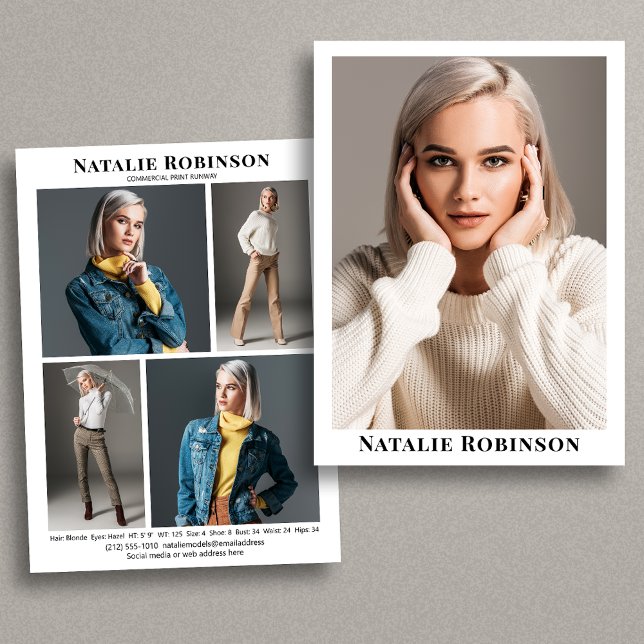 Model Actor 5 Photo Portfolio Comp Card Template (Available in high quality print or digital download for quick messaging, email or self printing.)