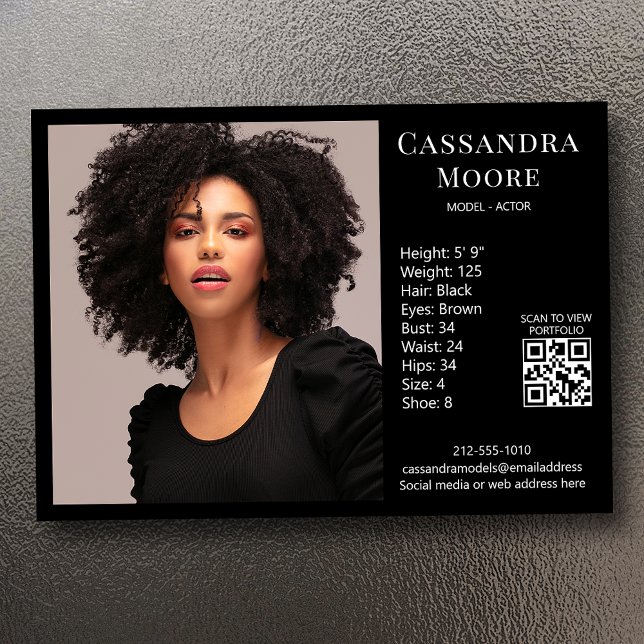 Model Actor 5x7 Photo Card Template QR Black (Available in print or instant digital download for quick messaging, email or self printing.)
