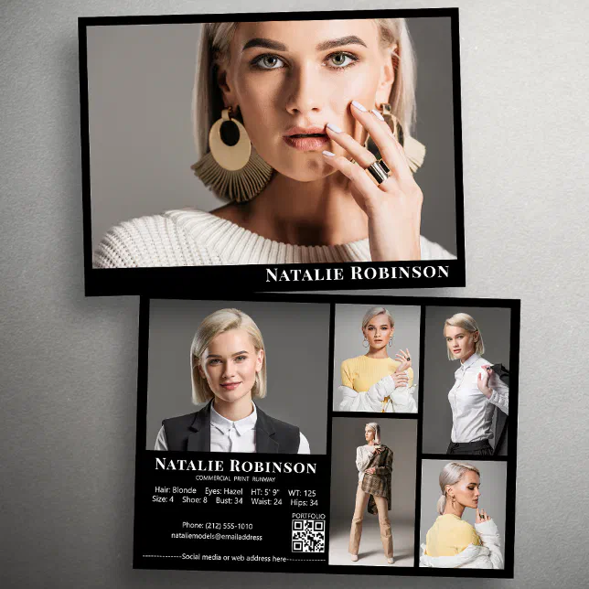 Model Actor 6 Photo Comp Card Template With QR | Zazzle