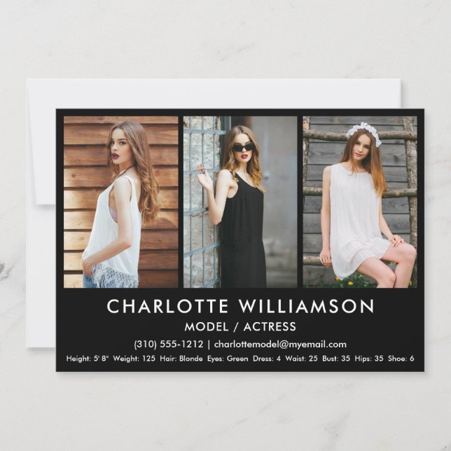 Model Actor Comp Card 3 Photo 5x7 Black (Front)