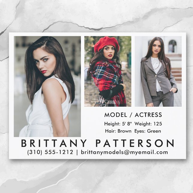 Model Actor Comp Card 3 Photo 5x7 Wht (Available in high quality print or digital download for quick messaging, email or self printing.)