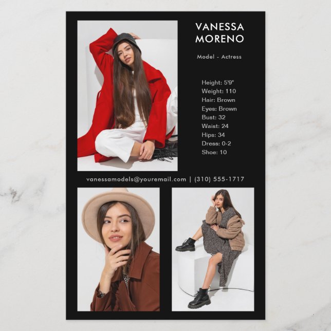 Model Actor Comp Card 3 Photo Black Flyer (Front)