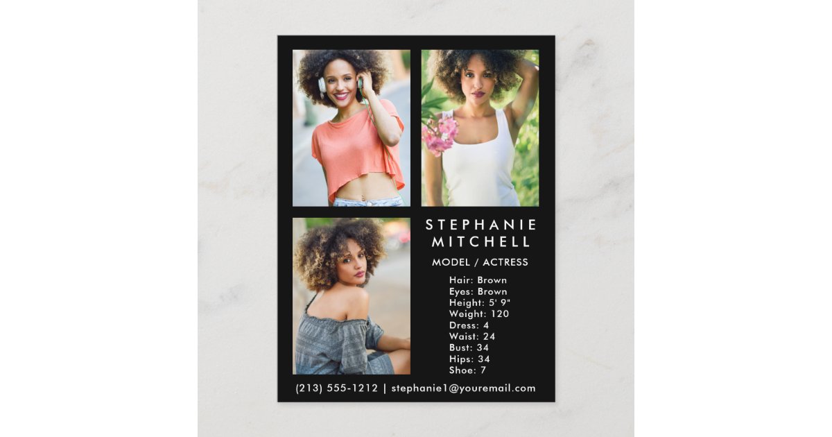 Model Actor Comp Card 3 Photo Blk Postcard Zazzle