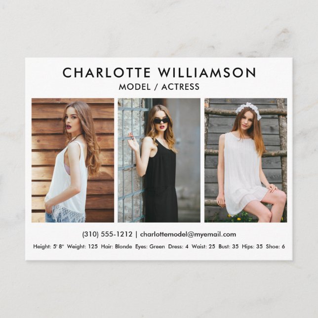 Model Actor Comp Card 3 Photo Postcard White (Front)