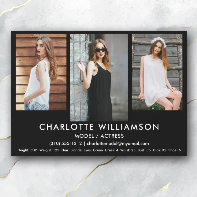 Model Actor Comp Card 5x7 Blk 3 Photo Zazzle