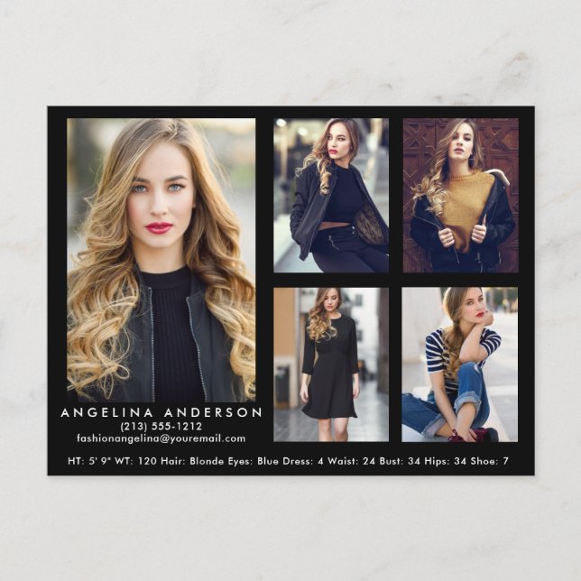 Model Actor Comp Card Black 5 Photo Postcard (Front)