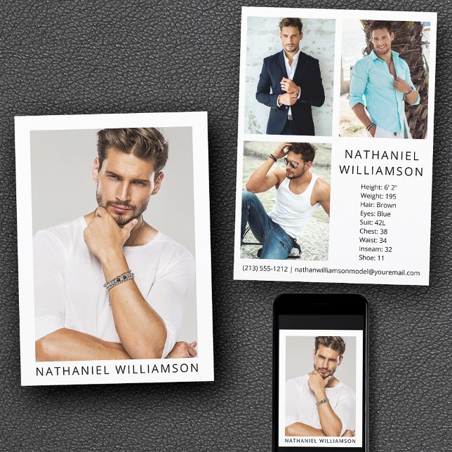 Model Actor Modern Pro 4 Photo Comp Card (Customize to change background color, text size or text style. Available for prints and download.)