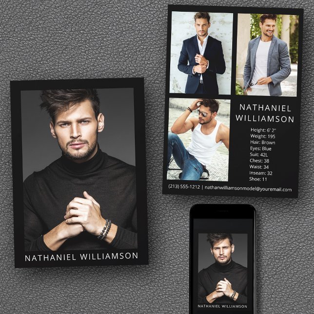 Model Actor Modern Pro 4 Photos Comp Card (Customize to change background color, text size or text style. Available for prints and download.)