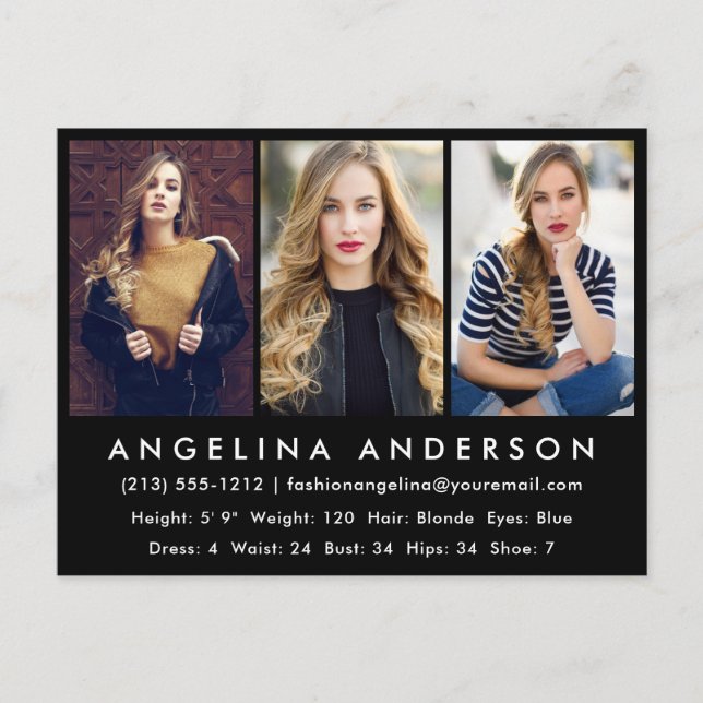 Model Actor Photo Comp Card Black Postcard (Front)