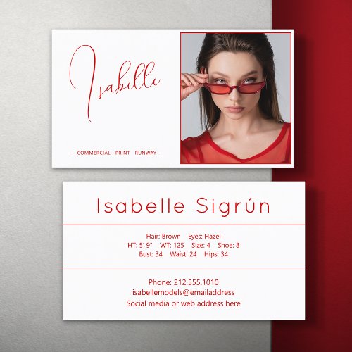 Model Actor Photo Promotional Red And White Business Card