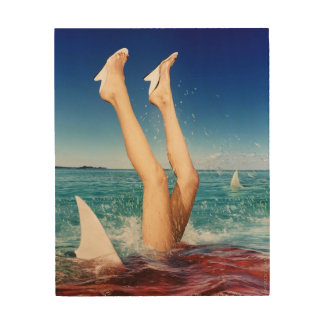 model eaten by shark wood wall art