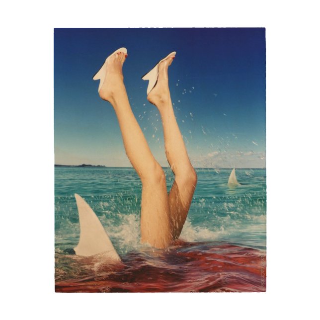 model eaten by shark wood wall art (Front)