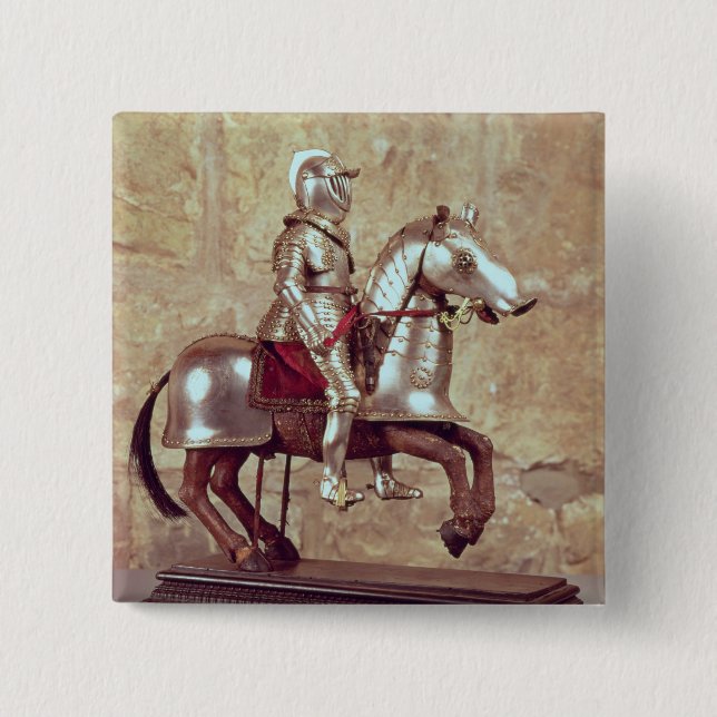 Model of a barded horse and rider, c.1640 pinback button (Front)