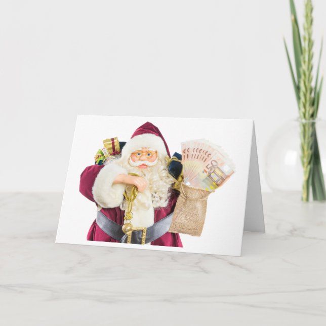 Model of Santa Claus with bell gifts and money Holiday Card (Front)