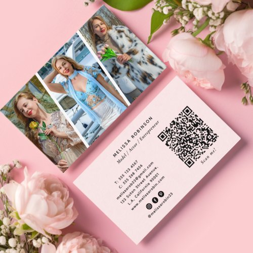 Model Social Media, QR Code &amp; 3 Photo Collage Pink Business Card