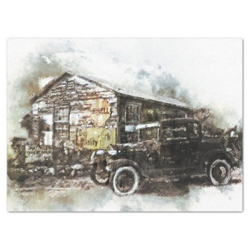 Model T  Barn Vintage 20x30  Decoupage Tissue Paper