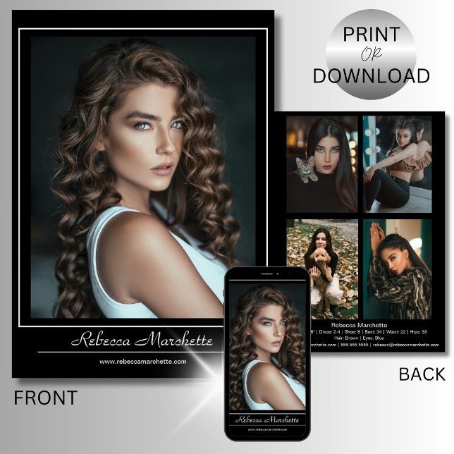Modeling Photo Card Print Download | 5 Photos ZED (Customize this double-sided model comp card with your name, stats, contact info, and five photos)