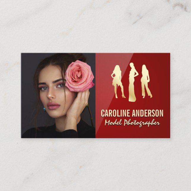 Models Logo | Model with Rose | Red Gloss Business Card (Front)