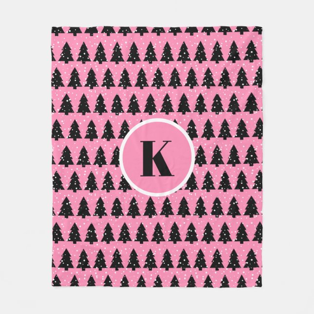Modem Pink & Black Christmas Tree Fleece Blanket (Front)