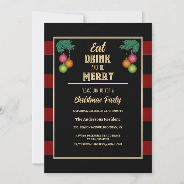 Moden Chic Eat Drink And Be Merry Christmas Party  Invitation (Front)