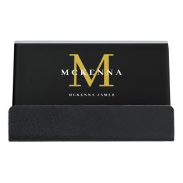 Moden Classic Monogram Black Gold Initial Name Desk Business Card Holder