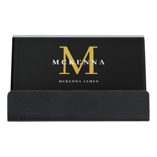 Moden Classic Monogram Black Gold Initial Name Desk Business Card Holder