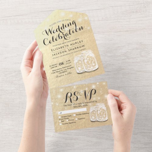 Moden Couple Mason Jar Faux Gold Foil Wedding RSVP All In One Invitation