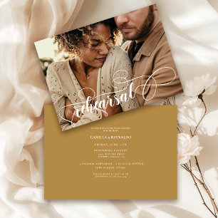 Moden Gold-Colored Minimal Rehearsal Dinner Photo Invitation
