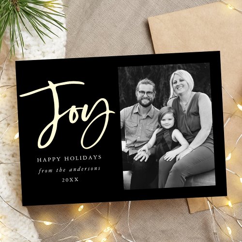 Moden Joy Script Black Photo Foil Holiday Card