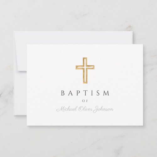 Moden Script Religious Cross Boy Baptism RSVP Card