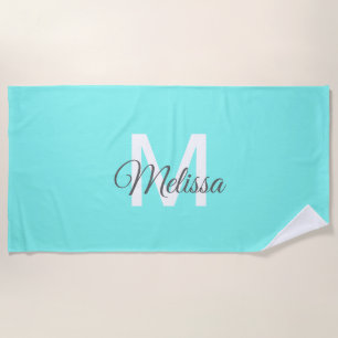 moder chic minimalist monogram turquoise aqua blue beach towel