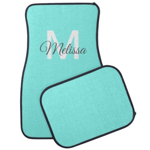 moder chic minimalist monogram turquoise aqua blue car floor mat