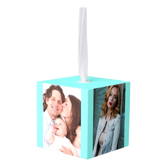 moder chic minimalist monogram turquoise aqua blue cube ornament (Back Angled)