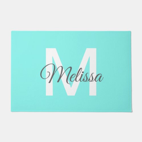 moder chic minimalist monogram turquoise aqua blue doormat