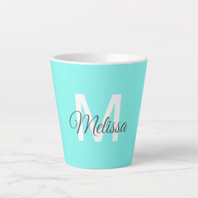 moder chic minimalist monogram turquoise aqua blue latte mug (Front)