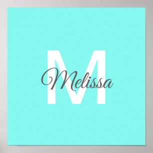 moder chic minimalist monogram turquoise aqua blue poster