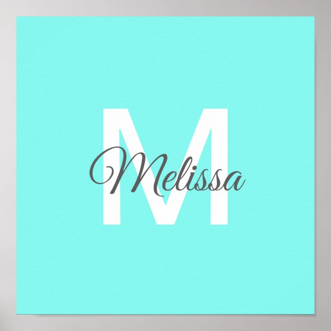 moder chic minimalist monogram turquoise aqua blue poster (Front)