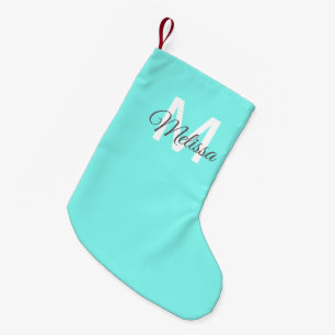 moder chic minimalist monogram turquoise aqua blue small christmas stocking