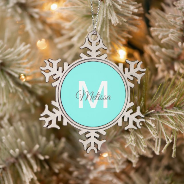 moder chic minimalist monogram turquoise aqua blue snowflake pewter christmas ornament (Tree)