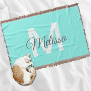 moder chic minimalist monogram turquoise aqua blue throw blanket