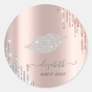Moder Diamonds Lips,Rose Gold Silver Drips Classic Classic Round Sticker
