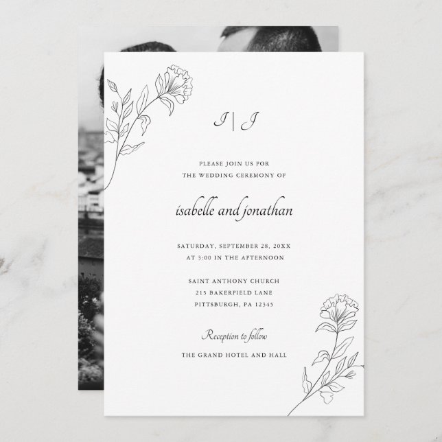 Moder Drawn Floral Photo Wedding Invitation (Front/Back)