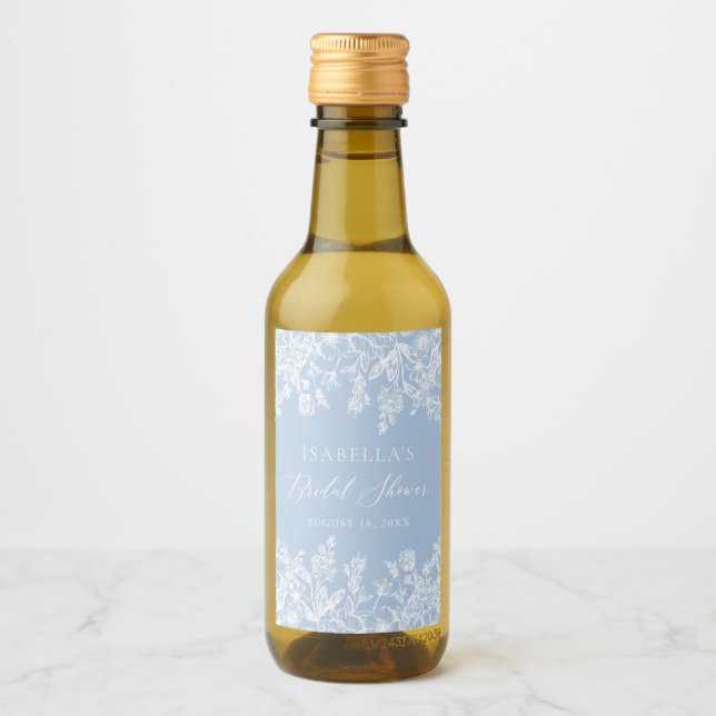 Moder Elegant Dusty Blue Floral Bridal Shower Wine Label (Front)