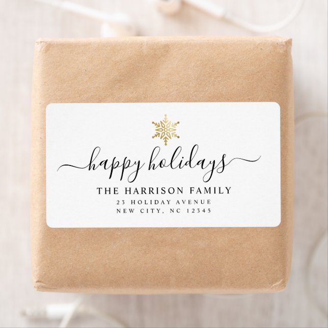 Moder Elegant Script Happy Holidays Gold Snowflake Label (Insitu)