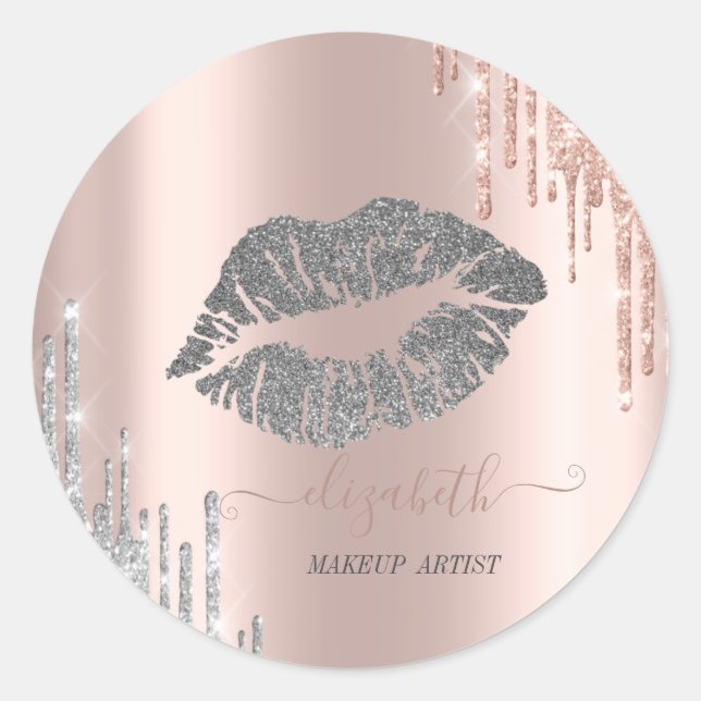 Moder Glittery Lips,Rose Gold Silver Drips Classic Round Sticker (Front)