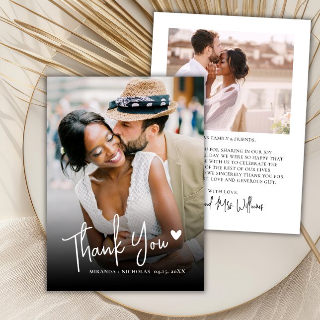 Moder Heart Script 2 Photo Wedding Thank You Note Card (Creator Uploaded)